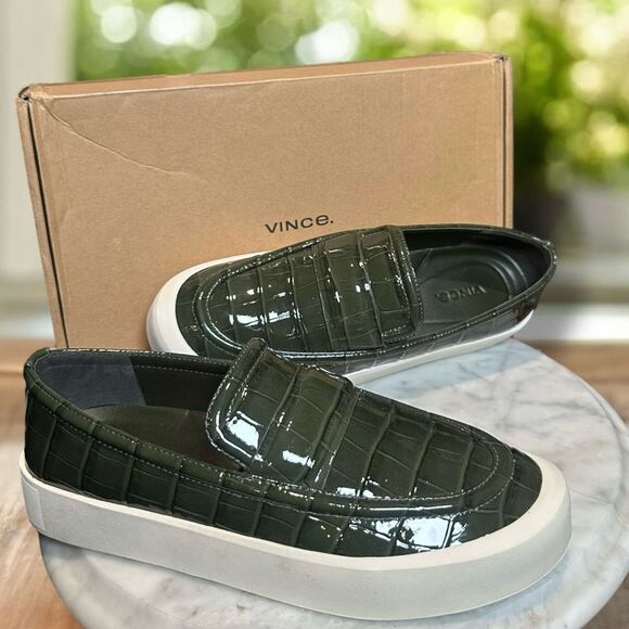 Vince Ghita Leather $250 Slip-on Croc Embossed Loafer Size 8 EU 38.5 New In Box - Picture 1 of 16